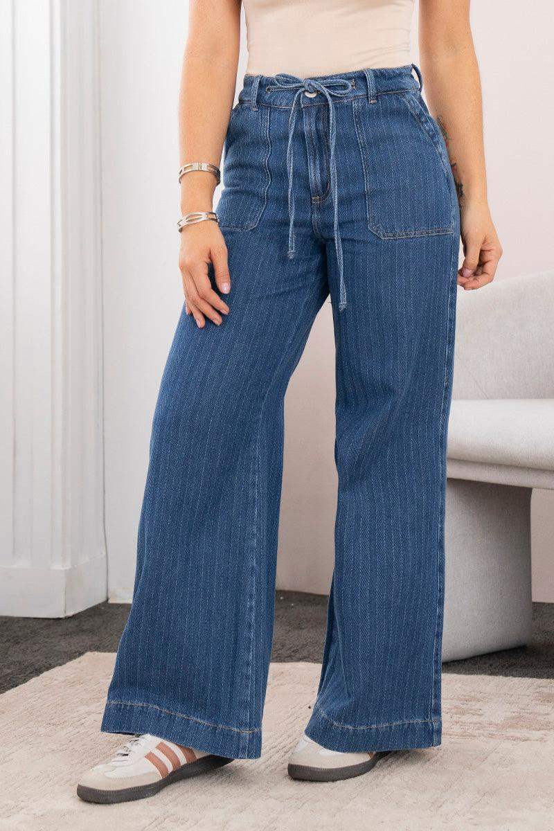 Jean Wide Leg Tiro Alto Láser Efecto Rayas Pretina Resortada de Anudar Marca Trucco´s - Image 3