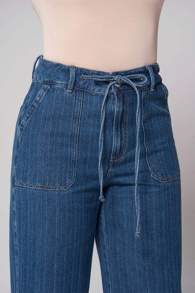 Jean Wide Leg Tiro Alto Láser Efecto Rayas Pretina Resortada de Anudar Marca Trucco´s - Image 4