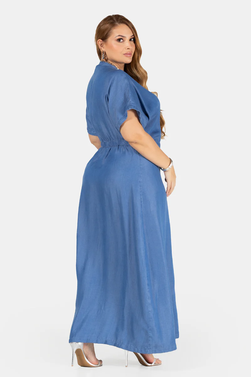 Vestido Midi Drapeado Azul Medio Marca Trucco´s Plus Size - Image 5