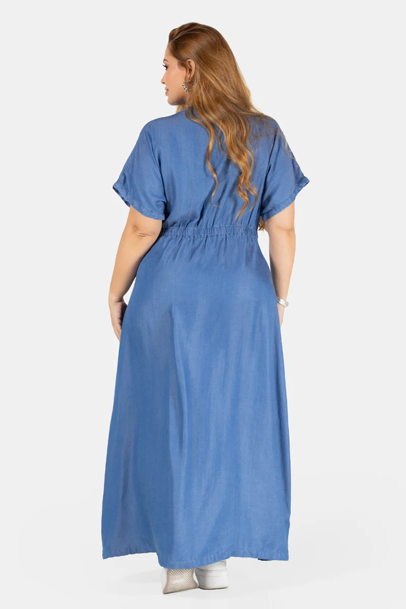 Vestido Midi Drapeado Azul Medio Marca Trucco´s Plus Size - Image 6