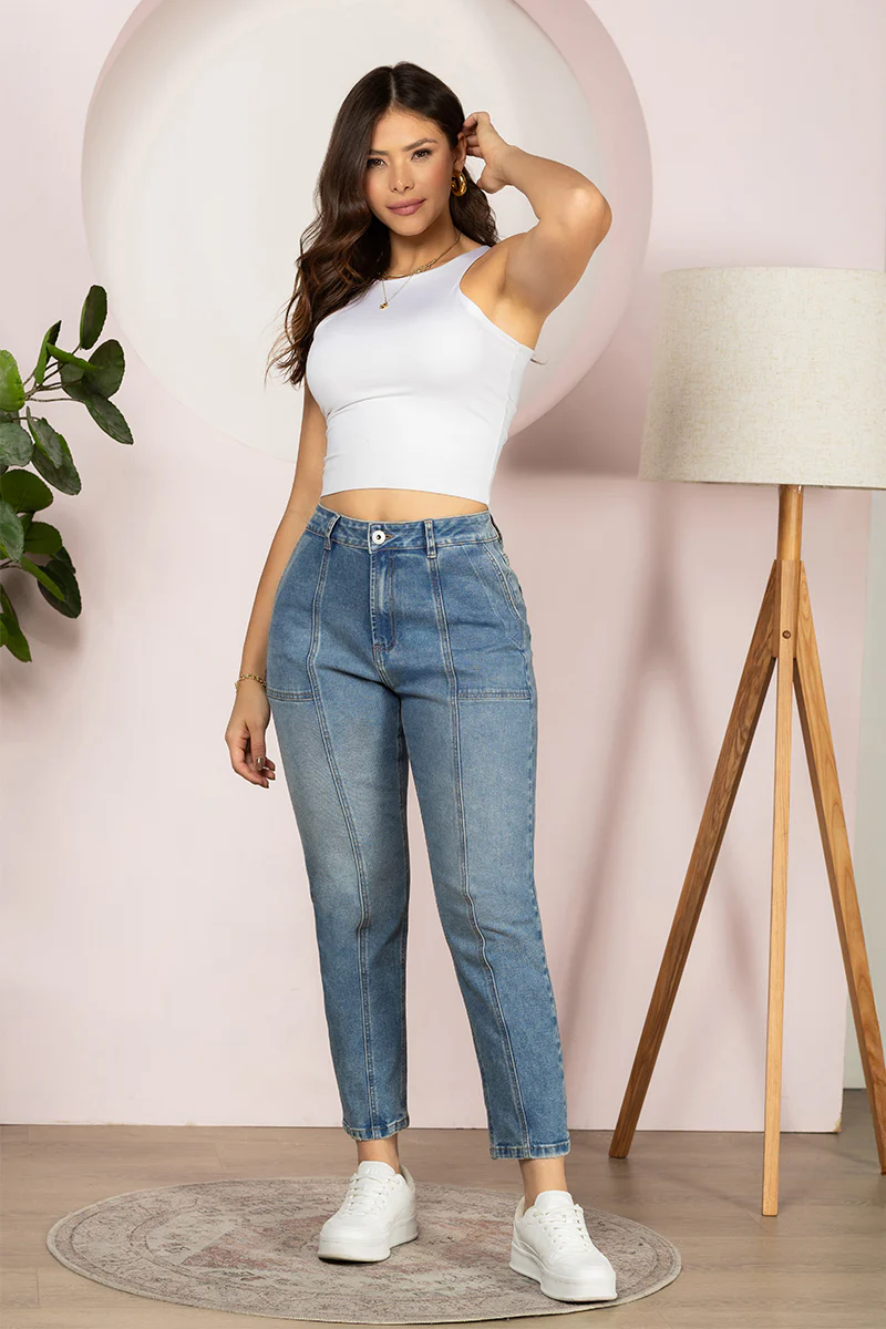 Jean Mom Fit Tiro Alto Denim Azul Medio Marca Trucco´s - Image 3